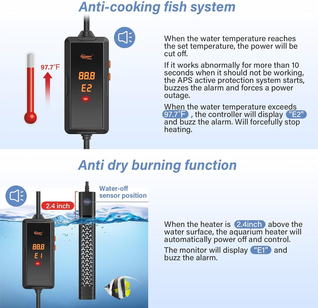 Hygger Smart Aquarium Heater 200W 300W 500W | Tropical Fish Tank Temperature Control