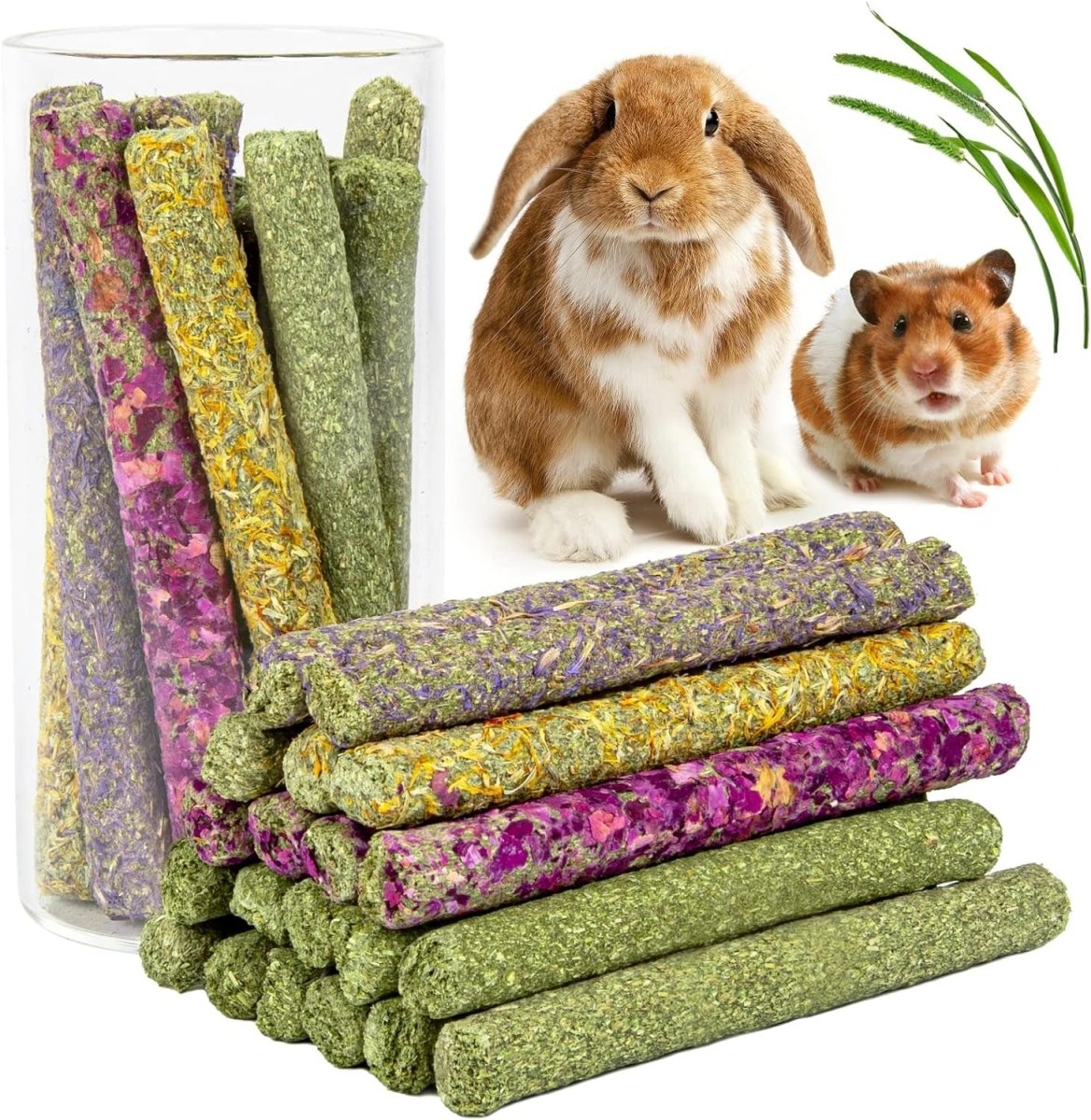 32Pcs Timothy Hay Sticks 320G Rabbit Toys Bunny, Guinea Pig Toys Natural Hamster Toys for Teeth Handmade Treats and Chews Chinchilla Rat Gerbil