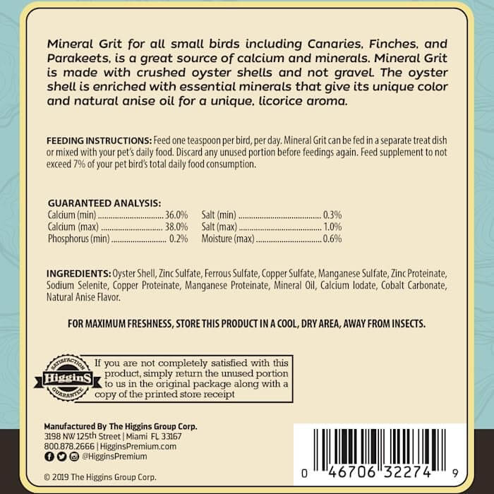 Higgins Mineral Grit Small Birds 6 oz. Calcium Canaries Finches Parakeets