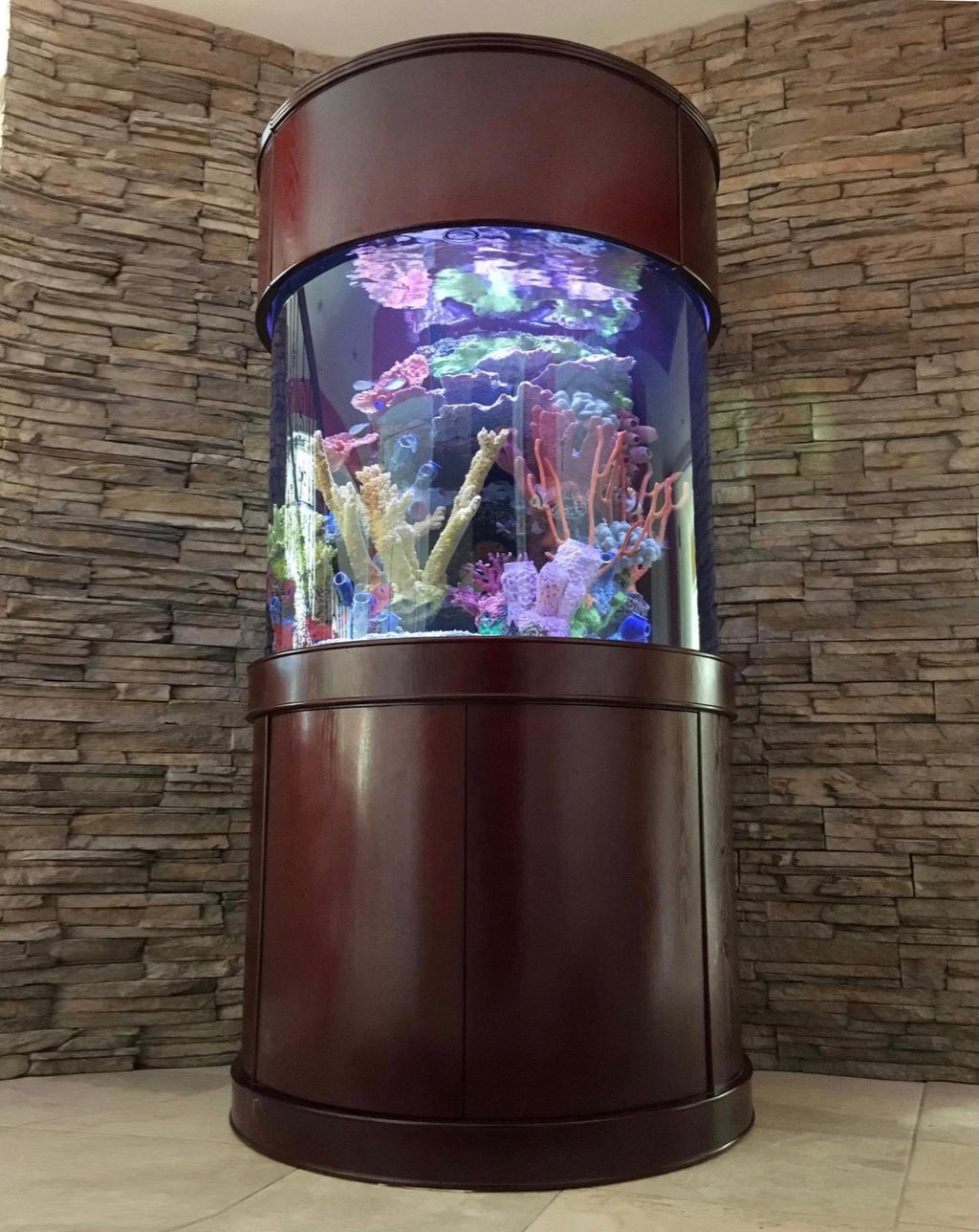 90 Gallon Glass 3/4 Cylinder Round Reef Aquarium With Stand and Canopy in Golden Oak