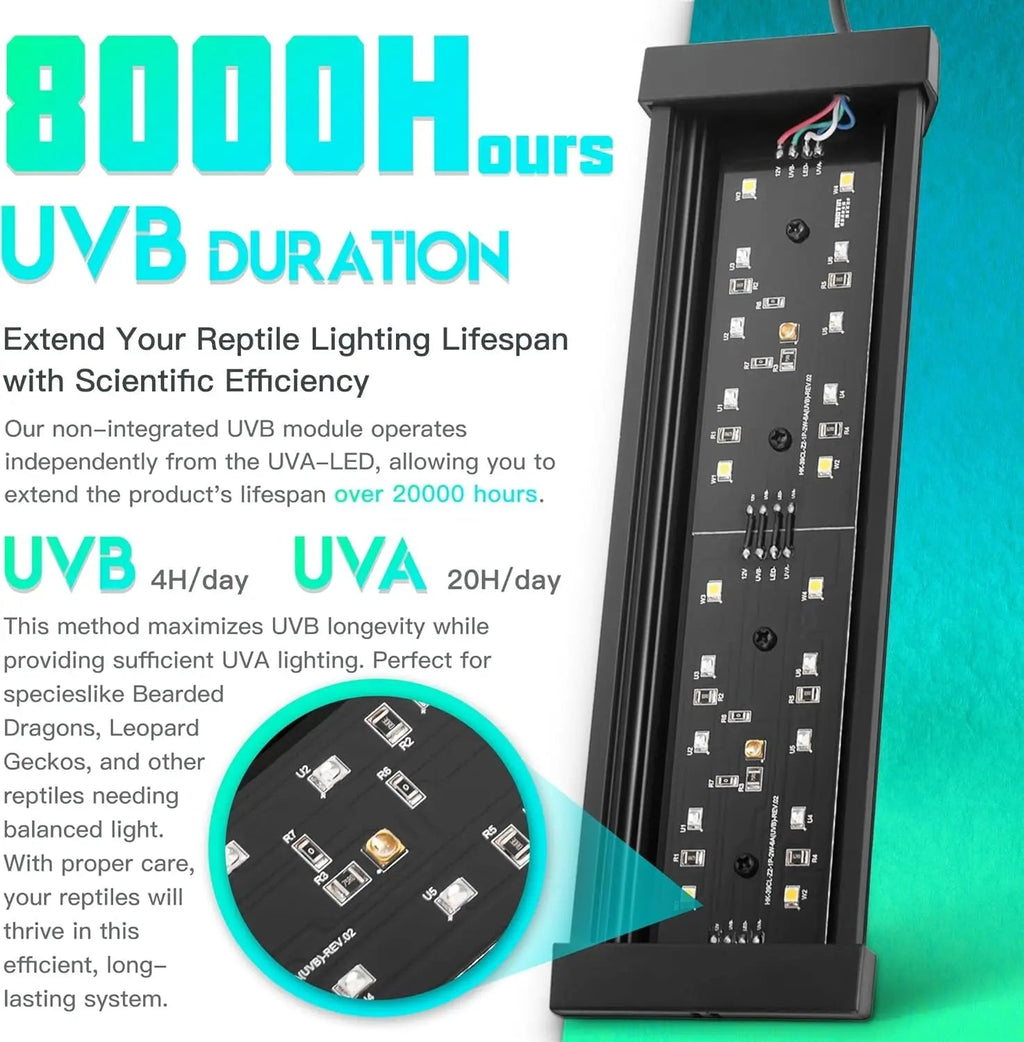 Dimmable LED Reptile UVB Lamp – 12W Long-Life Light w/ Timer & Cycles