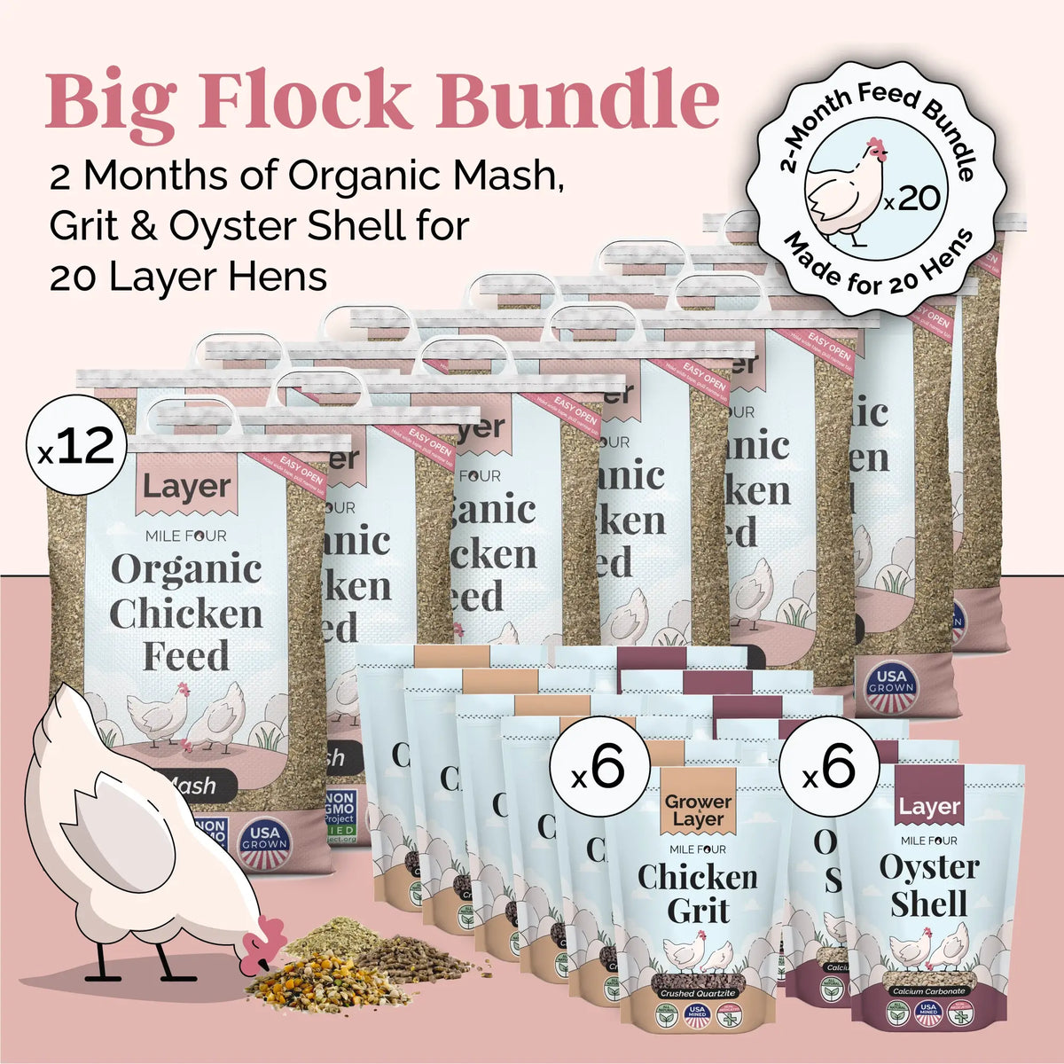 Big Flock Bundle | 2 Months of Organic Feed, Grit & Oyster Shell for 20 Layer Hens