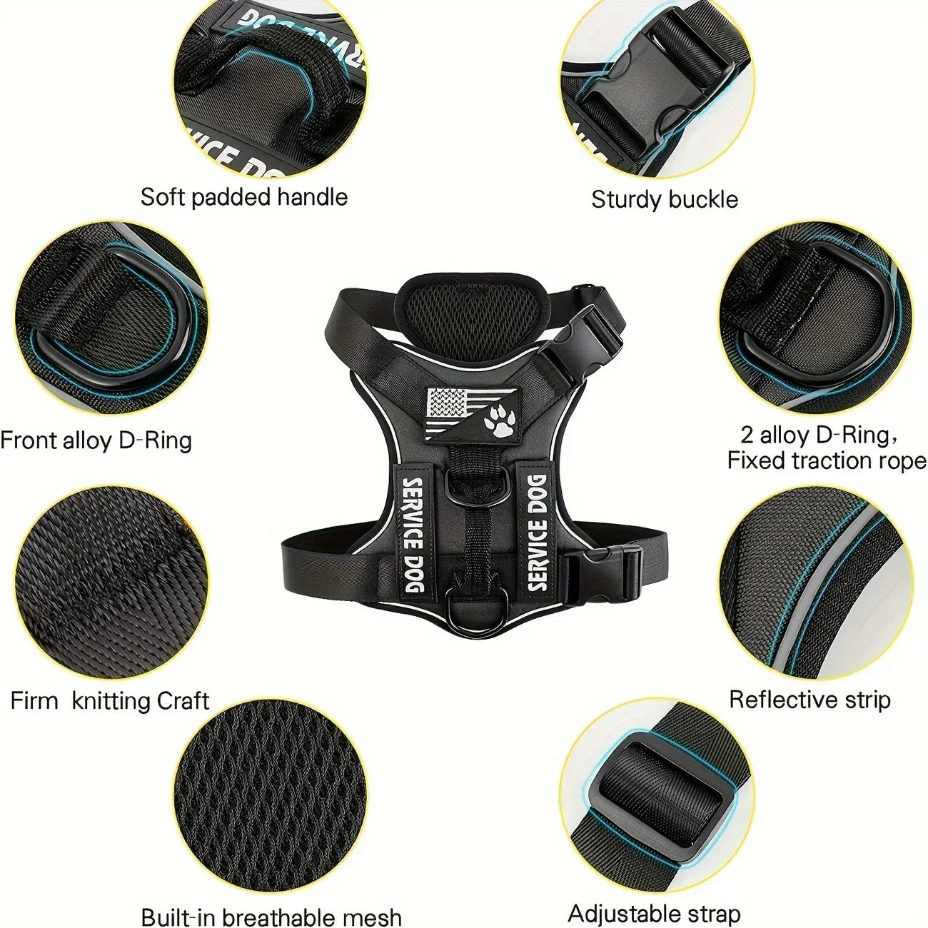 Anti-Pull Tactical Dog Harness with Night Reflective Strips, Heavy-Duty Nylon Military-Grade Vest-Style Leash for Large Dog