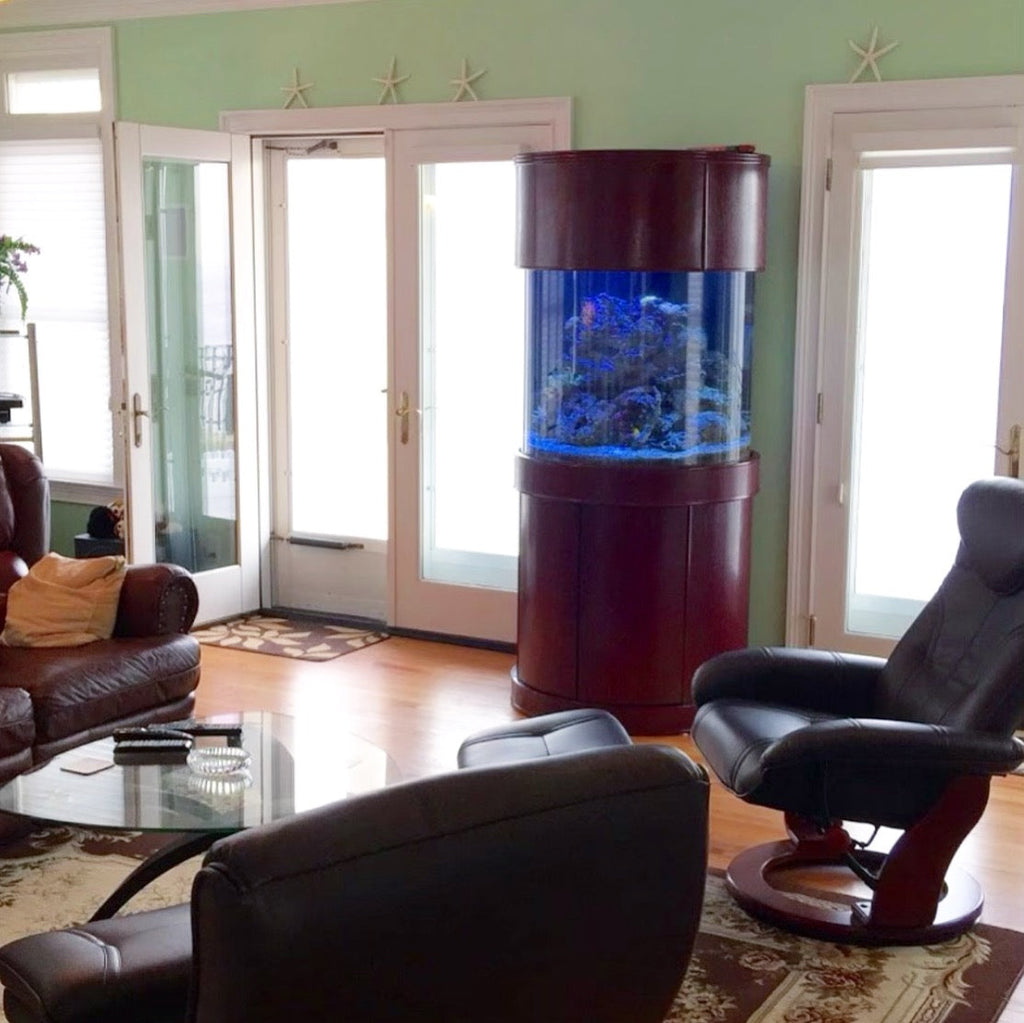 90 Gallon Glass 3/4 Cylinder Round Reef Aquarium With Stand and Canopy in Golden Oak
